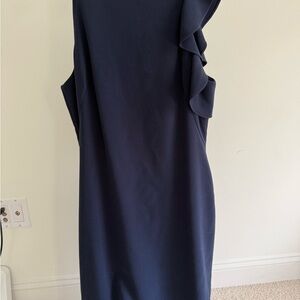 Black Halo Navy Blue Fitted Sleeveless Sheath Midi Dress w/Asymmetrical Design
